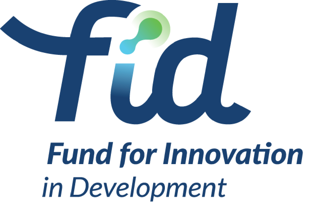 Fund for Innovation in Development logo with stylized letters 'fid' and green-blue molecular design.