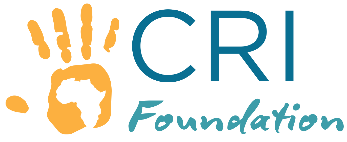 Orange handprint with the African continent shape inside the palm next to blue text reading CRI Foundation.