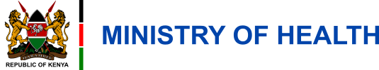 Coat of arms of Kenya with two lions holding a shield and spears beside the text 'Ministry of Health' in blue, Ministry of Health Logo Kenya