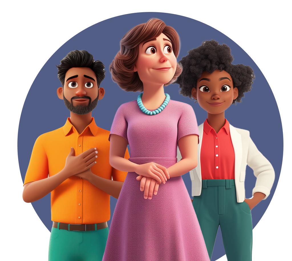 Three diverse cartoon characters standing confidently: a man with a beard in an orange shirt, a woman with short brown hair in a pink dress with a blue necklace, and a woman with curly hair wearing a white jacket and red shirt.