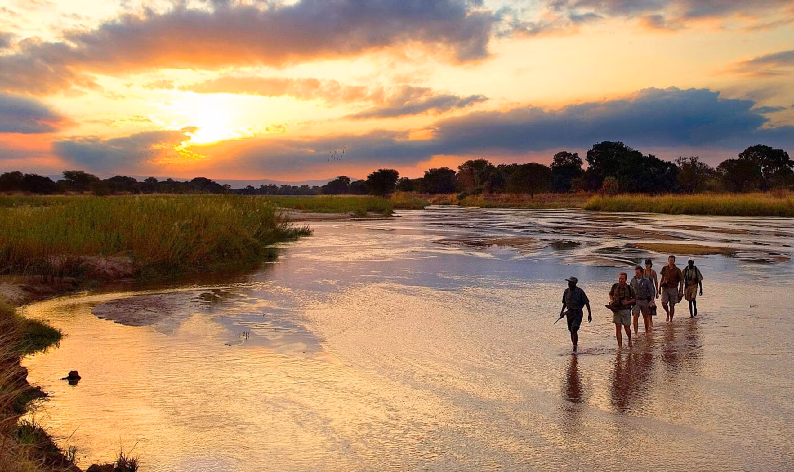 Group of six people walking through shallow river water at sunset with trees and grasslands nearby.