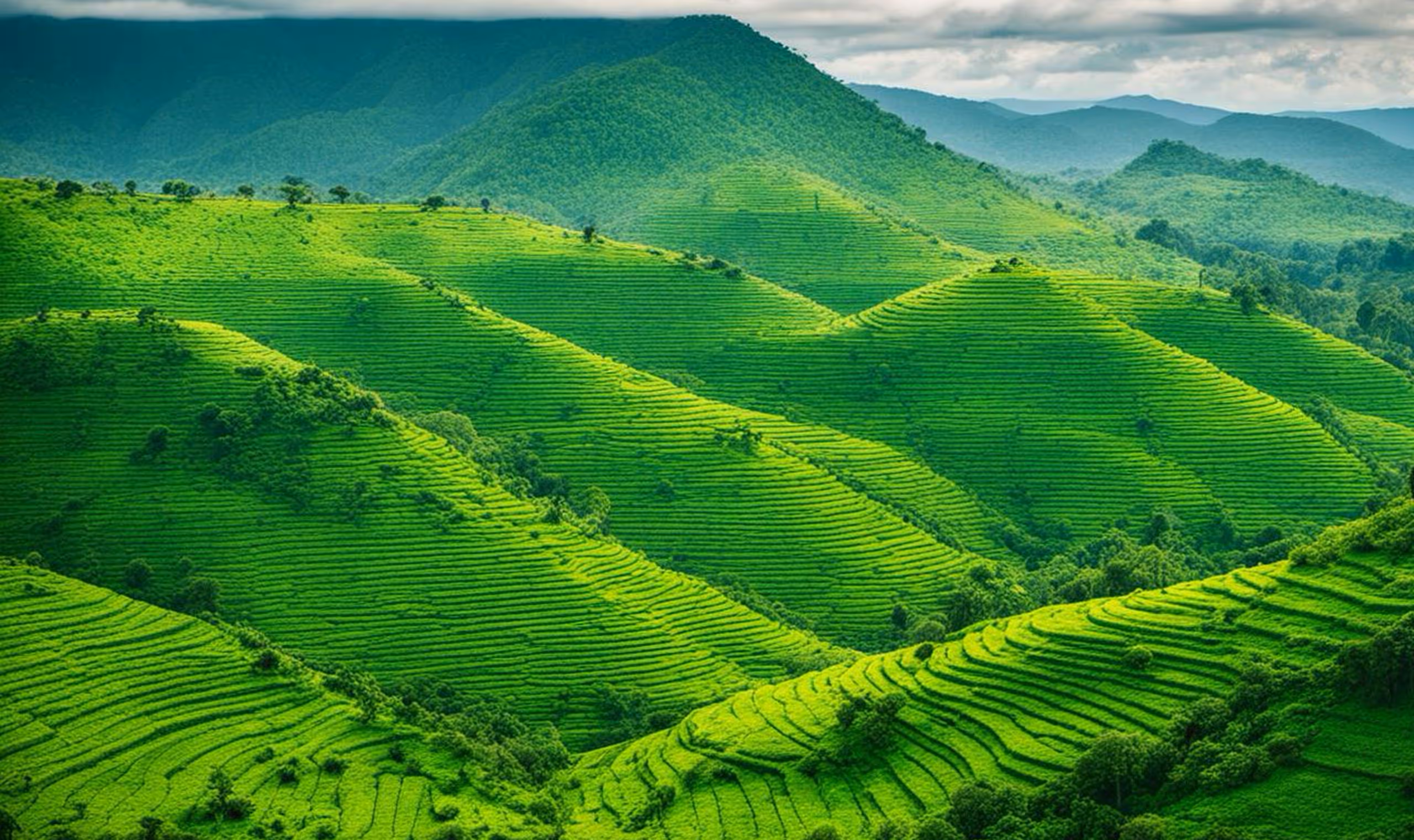 Lush green terraced hills with scattered trees under a cloudy sky in a mountainous landscape.