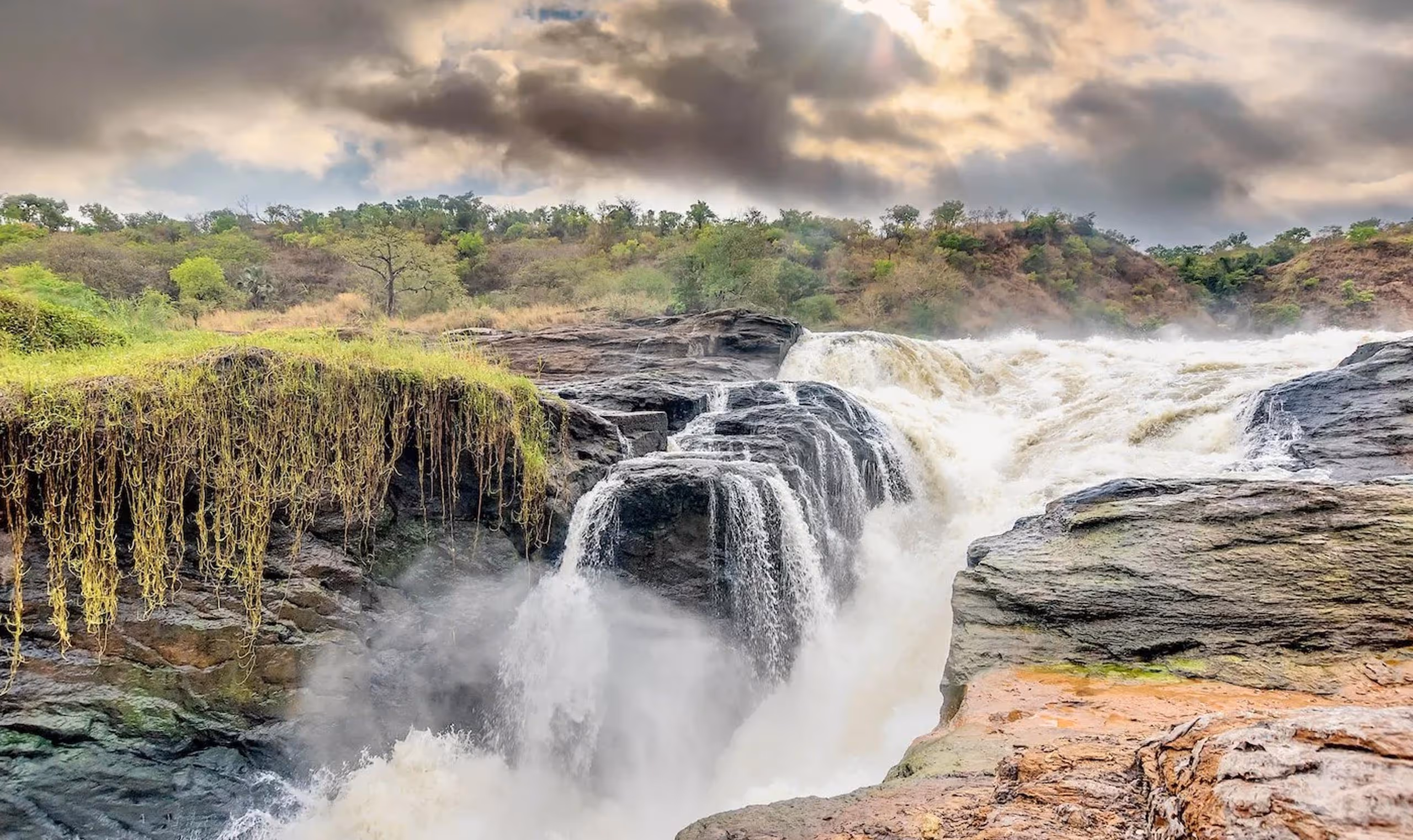 Rushing waterfall with hanging vines and rocky cliffs under a cloudy sky in a lush forest.