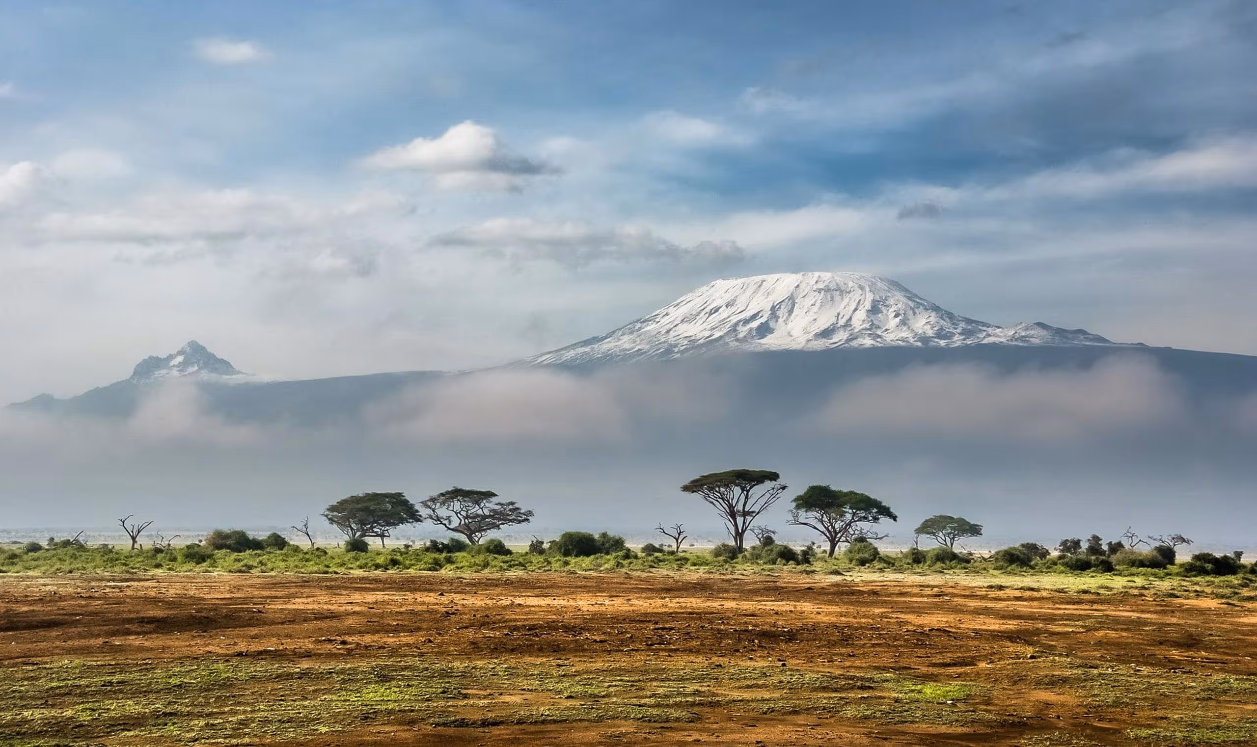 Snow-capped Mount Kilimanjaro towers above misty savanna with scattered acacia trees under a blue sky.