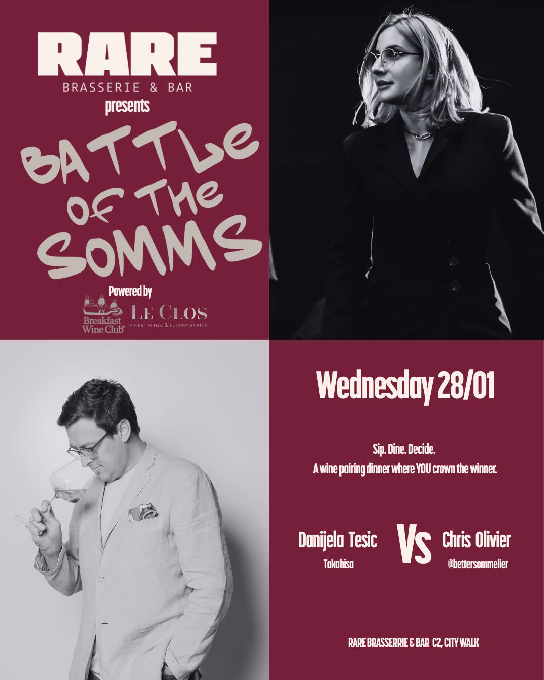 Event poster for ‘Battle of the Somms’ wine pairing dinner on Wednesday 28/01 with Danijela Tesic vs Chris Olivier at Rare Brasserie & Bar featuring black and white photos of the hosts.