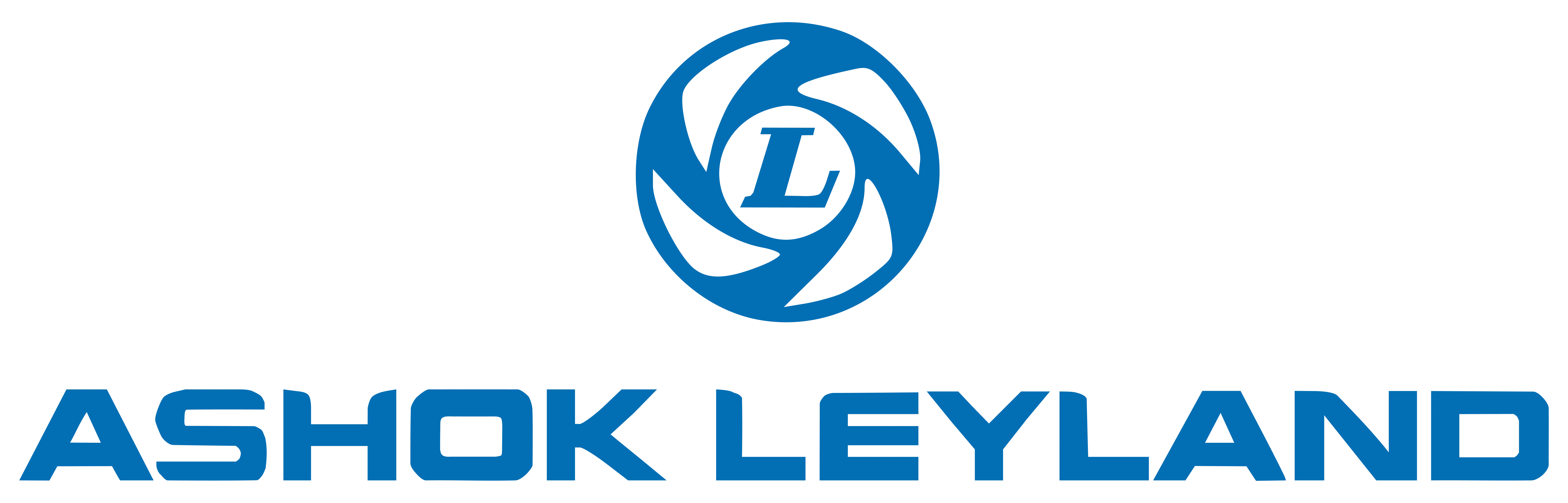 Ashok Leyland company logo with blue circular emblem containing stylized 'L' and the name 'ASHOK LEYLAND' in bold blue letters.