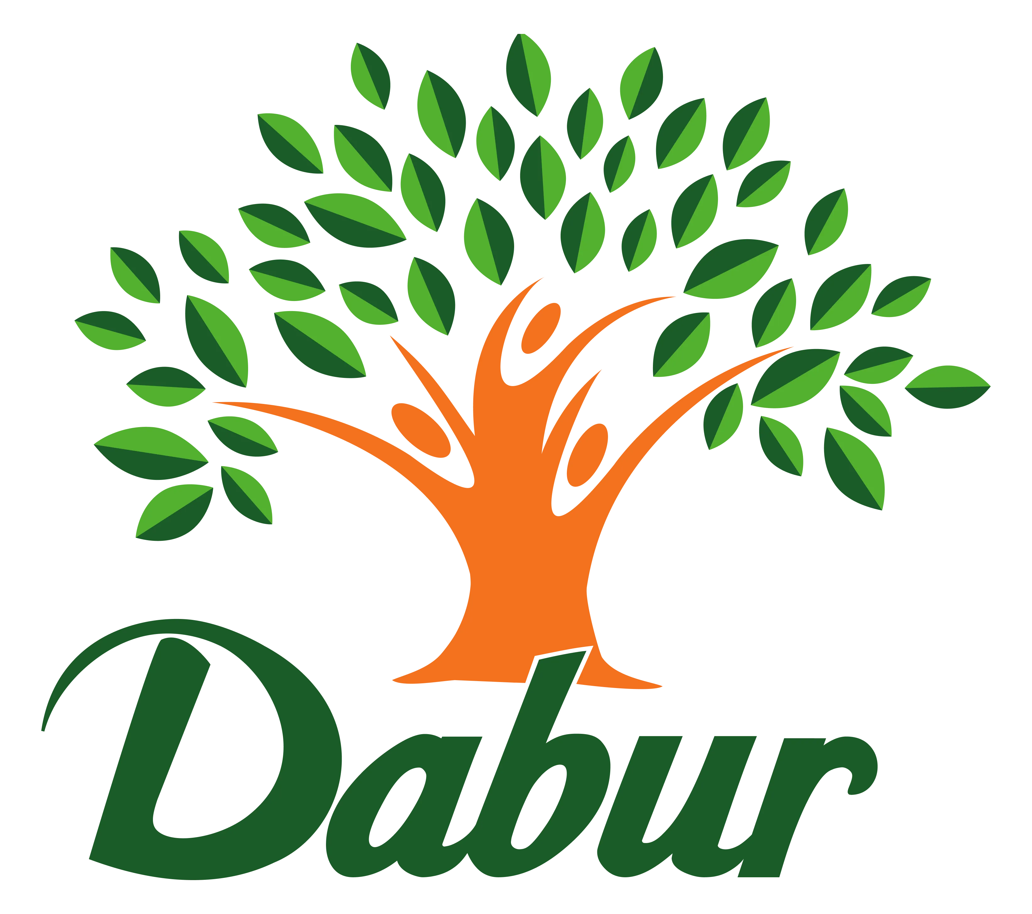 Dabur logo featuring a stylized orange tree trunk with three human figures and green leaves above the word 'Dabur' in green script.