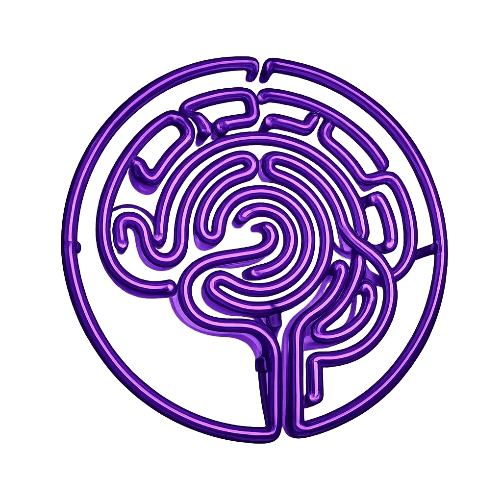 Stylized purple neon brain maze enclosed in a circle on a purple background.
