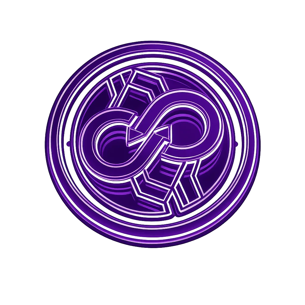Purple circular emblem featuring an infinity symbol intertwined with two hands inside two concentric white rings.