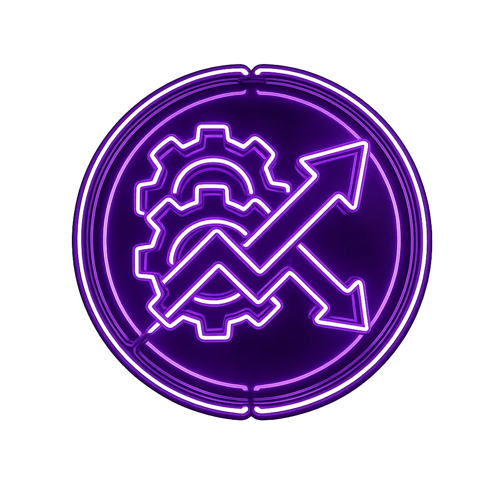 Purple neon icon of two gears behind an intersecting zigzag arrow pointing up and down inside a circular border.