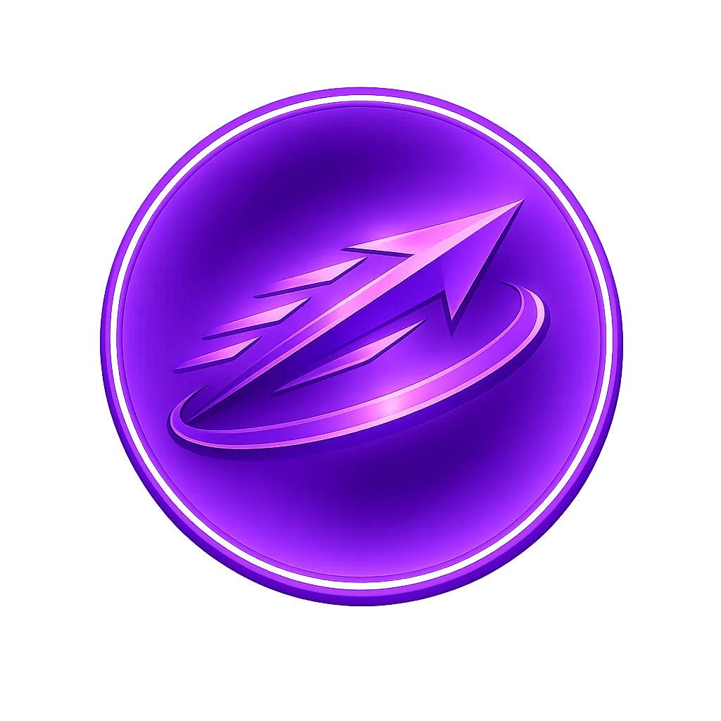 Purple circular emblem featuring a stylized arrow with speed lines and a curved swoosh around it.