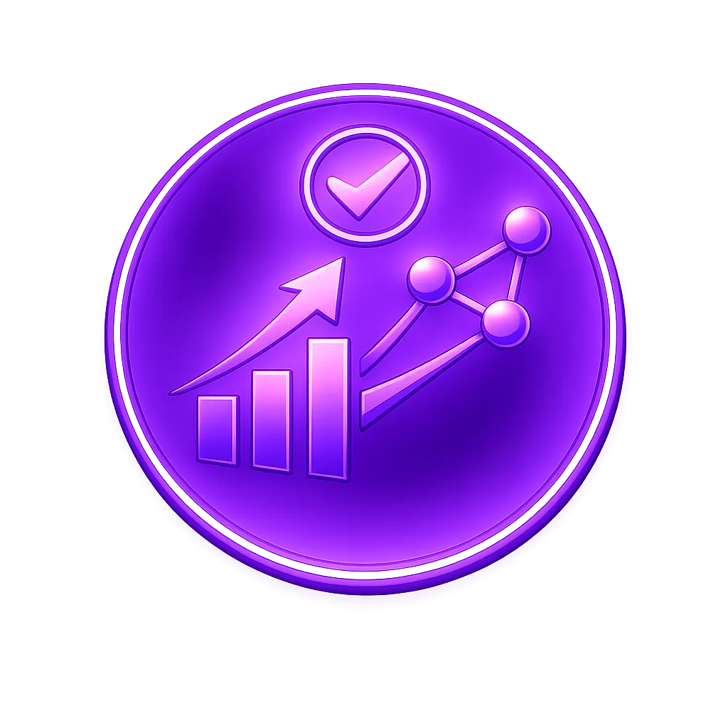 Purple circular icon with a rising bar chart, connected nodes, and a checkmark inside a circle.