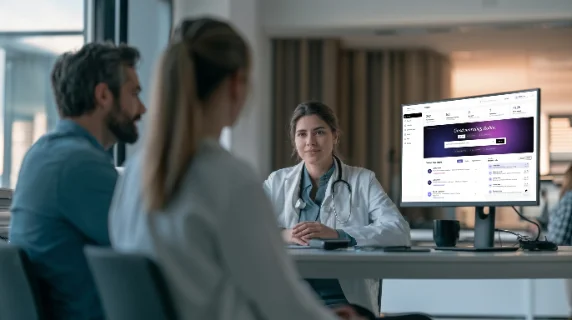 A couple meeting a physician at her desk