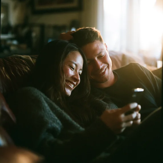 A couple on a sofa smiling at a phone