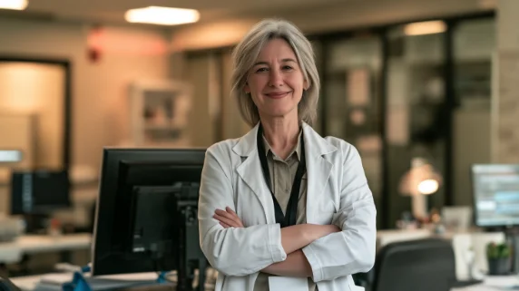 A physician in a white coat at her workstation