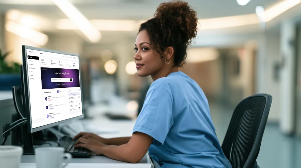 A fertility coordinator working in the era app at her desk