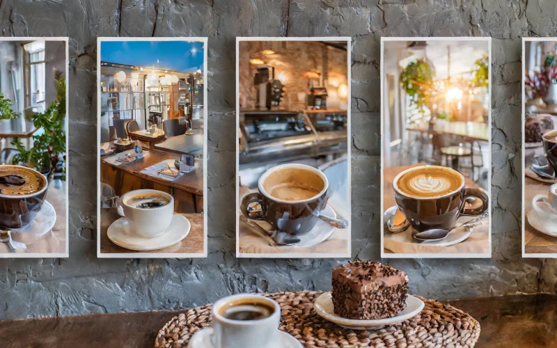 Café Wandgestaltung mit gedruckten Kaffee-Motiven auf Dekorfolie