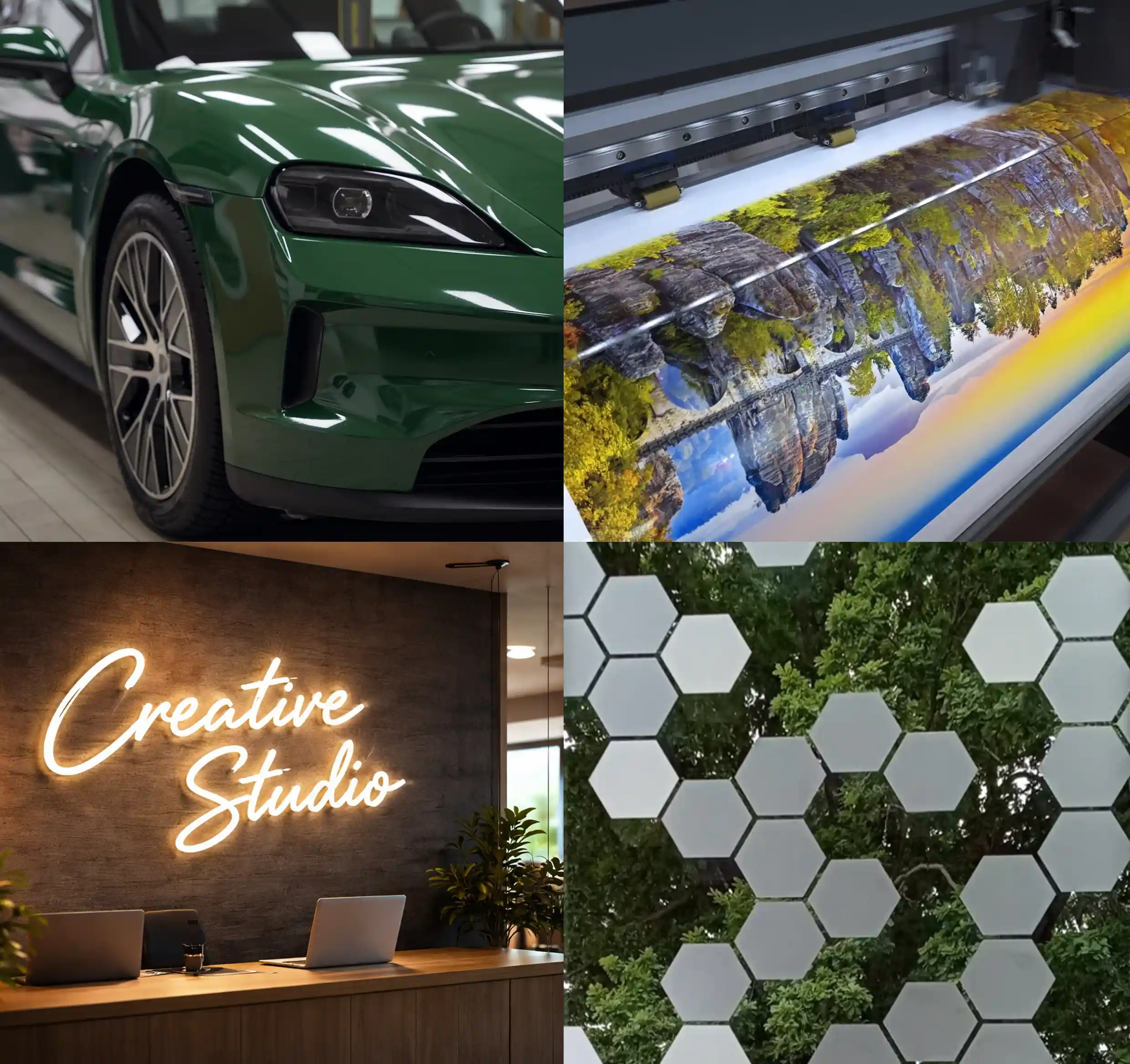 Werbetechnik Leistungen von Haftstark: Fahrzeugfolierung, Beschilderung, Fassadendesign und Websitegestaltung