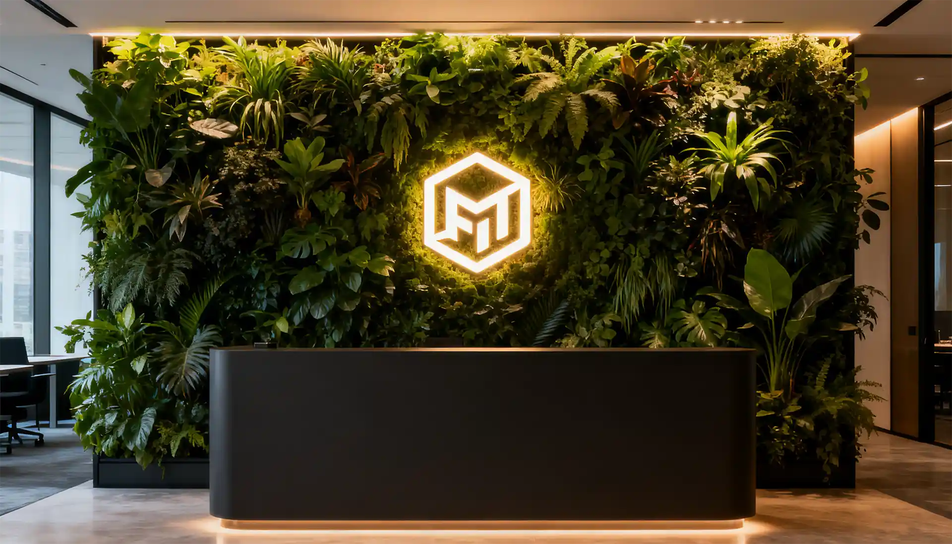 Leuchtendes Logo an einer modernen Pflanzenwand im Empfangsbereich eines Unternehmens als Beispiel für hochwertige LED-Leuchtwerbung.