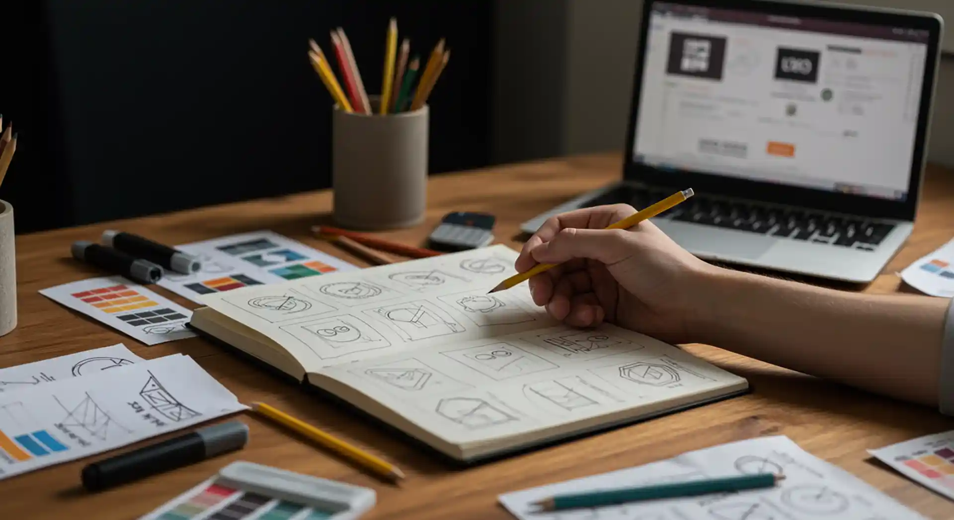 Grafikdesigner erstellt Logo Skizzen in einem Notizbuch an einem Schreibtisch mit Laptop und Designwerkzeugen