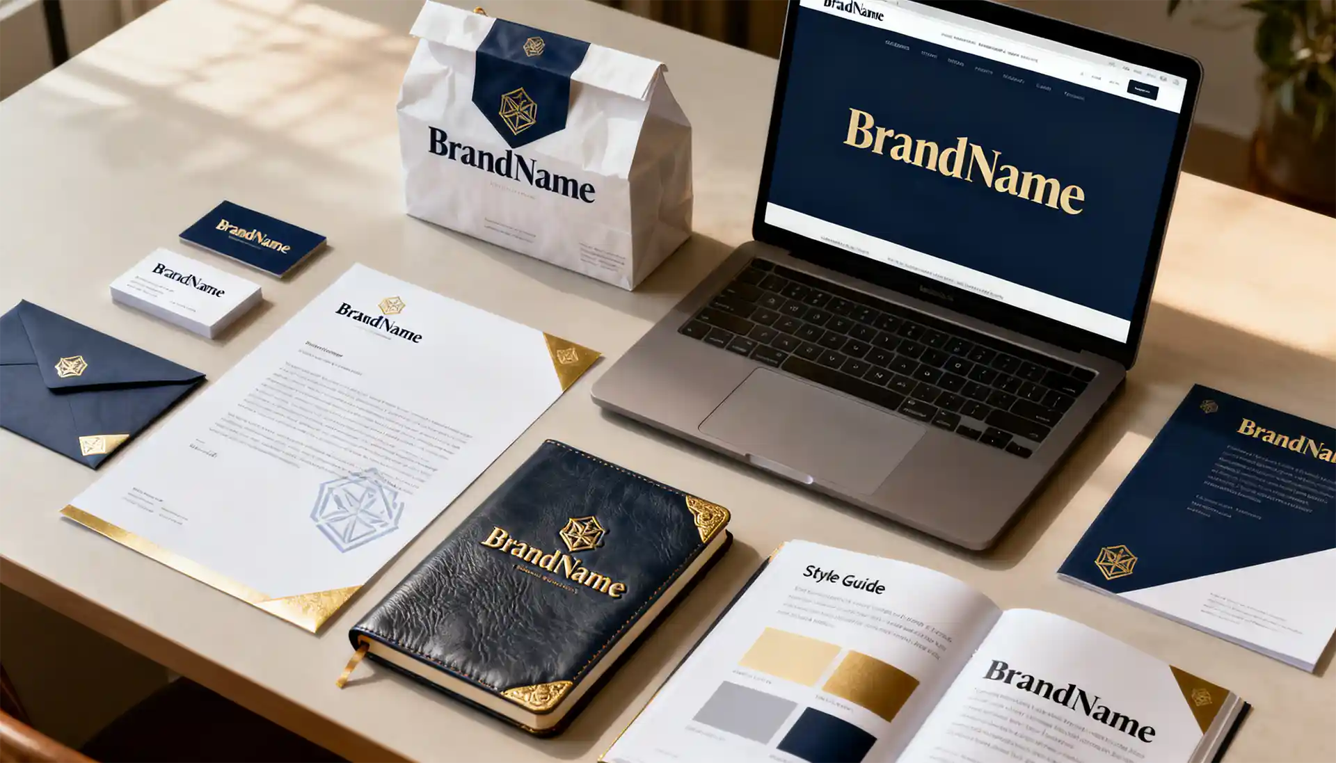 Corporate Design Präsentation mit Logo, Visitenkarten, Briefpapier, Styleguide und Website Darstellung auf Laptop