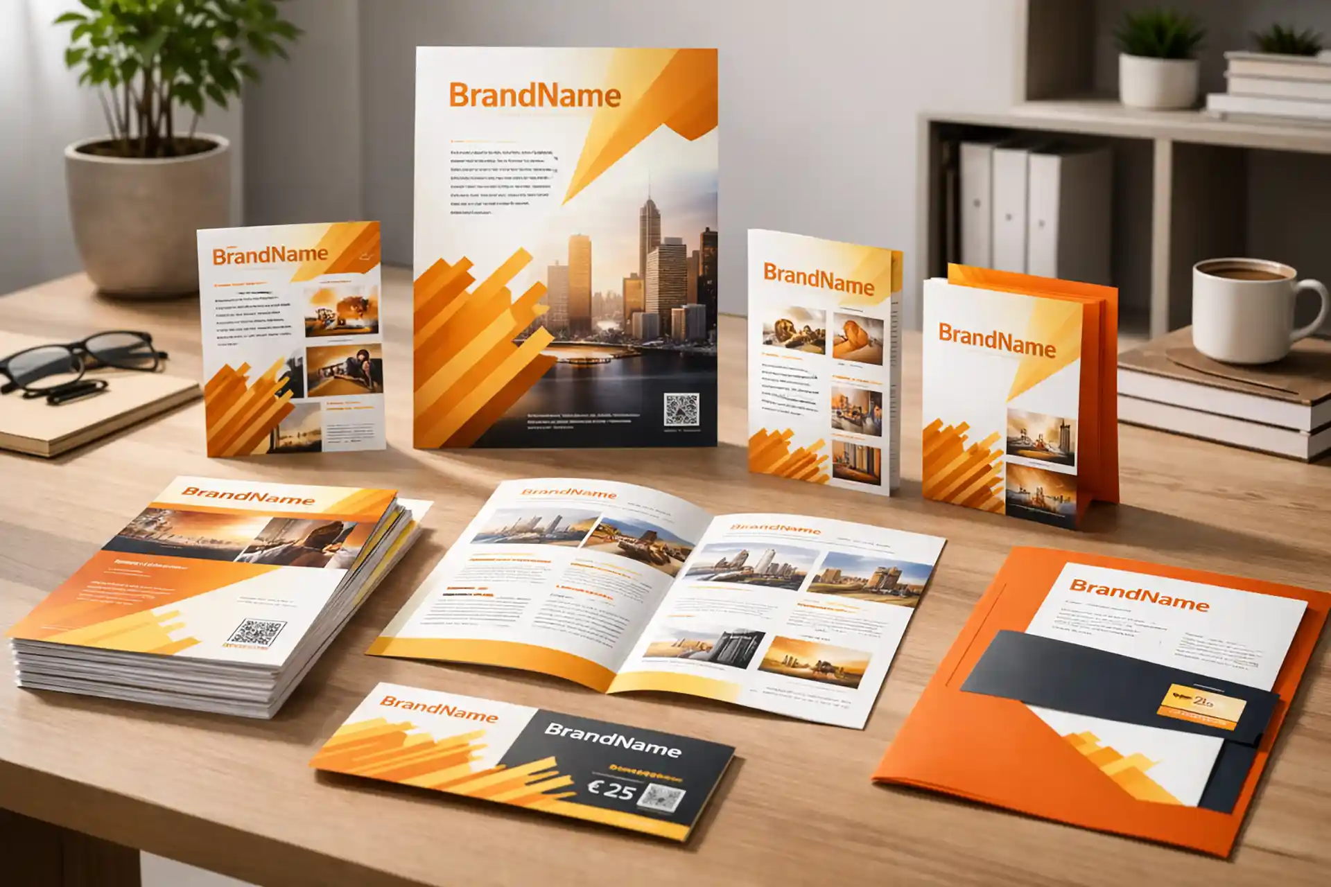 Moderne Printmedien mit Flyern, Broschüren, Plakat und Präsentationsmappe im einheitlichen Branding auf einem Schreibtisch präsentiert