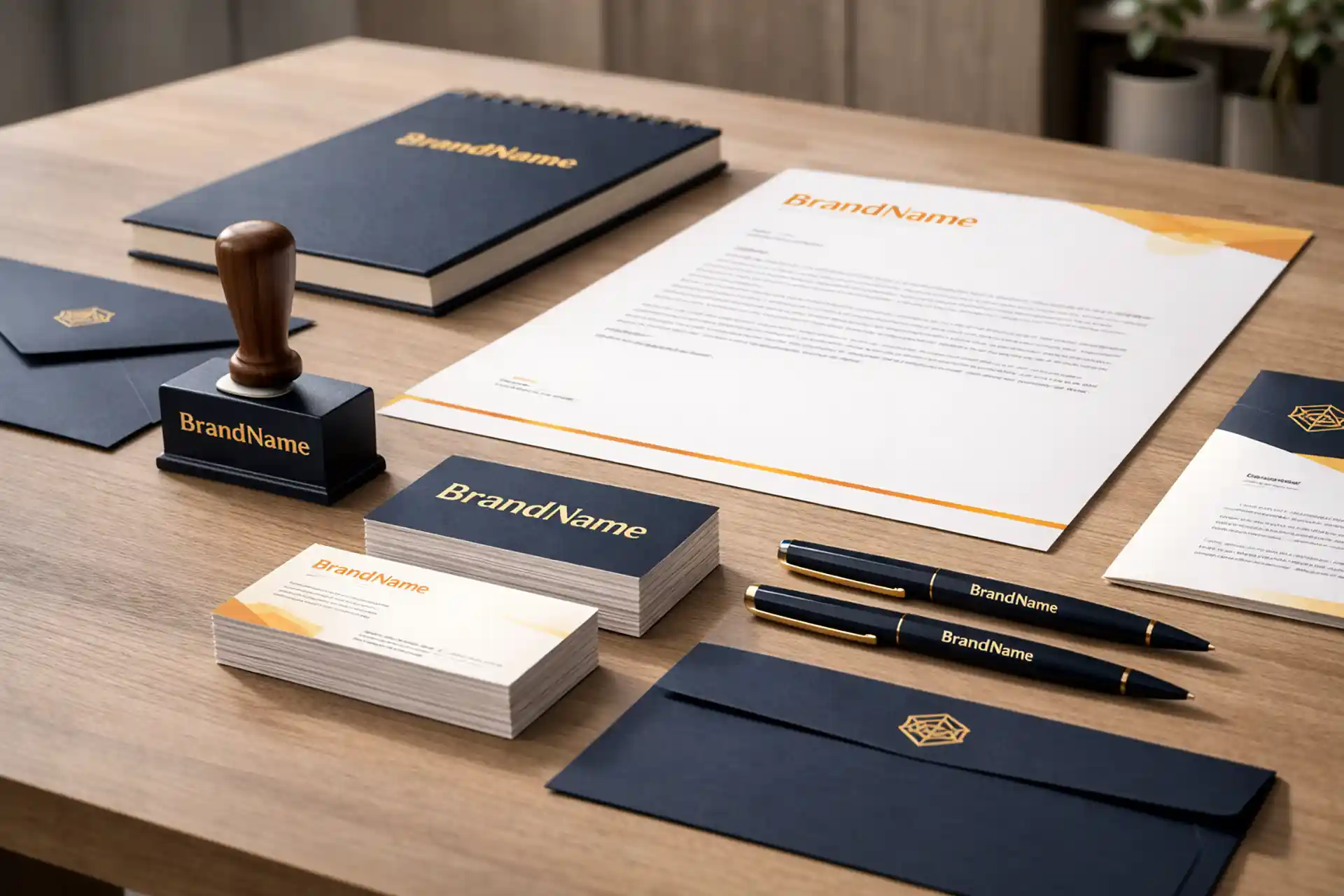 Geschäftsausstattung mit Visitenkarten, Firmenstempel, Stiften, Briefpapier und Umschlägen im einheitlichen Corporate Design