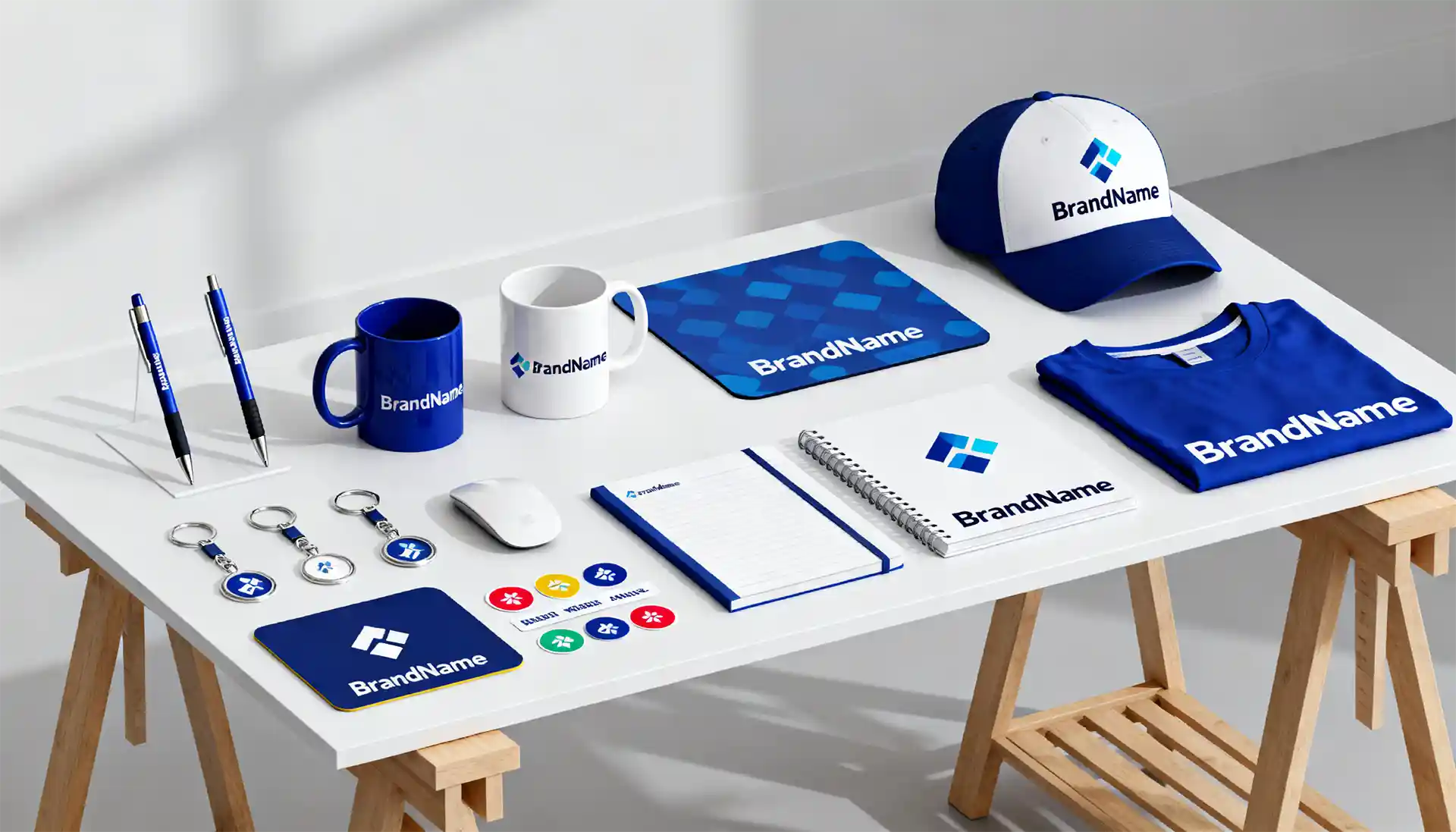 Werbeartikel und Merch mit Tassen, Kugelschreibern, Schlüsselanhängern, Mousepad, Notizblock, T-Shirt und Cap im Branding präsentiert