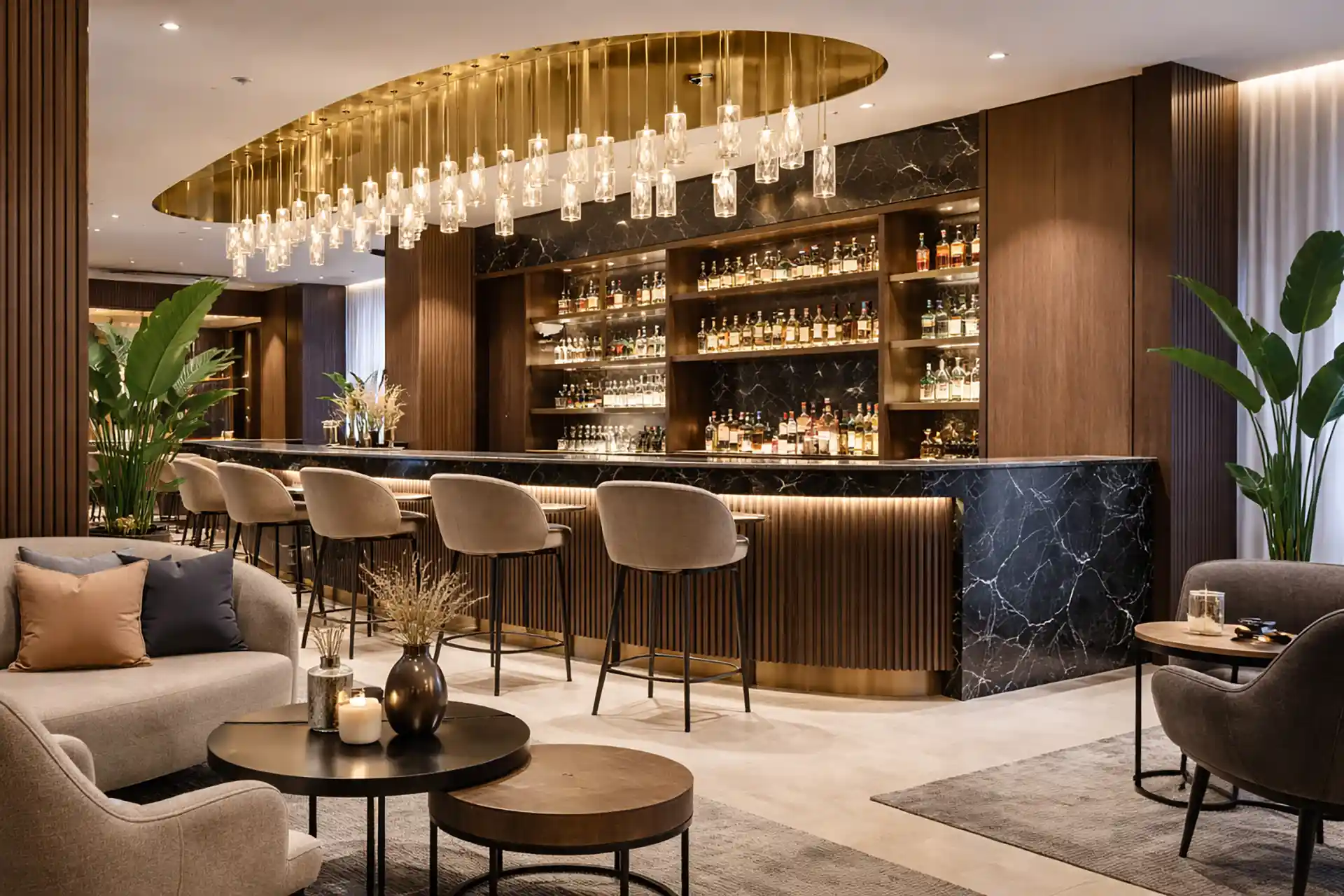 Moderne Hotelbar mit Holz- und Steinoptik durch 3M DI-NOC Folie im hochwertigen Interior Design