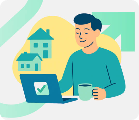 Illustration of a landlord using the TaxNav app on a laptop with a house icon in the background.