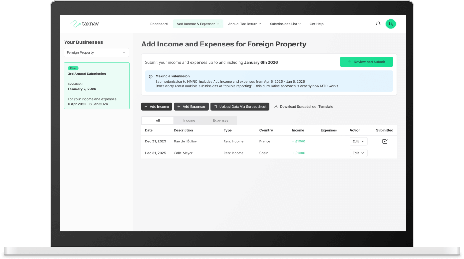 Laptop displaying the TaxNav app interface with headings and data tables summarising tax information