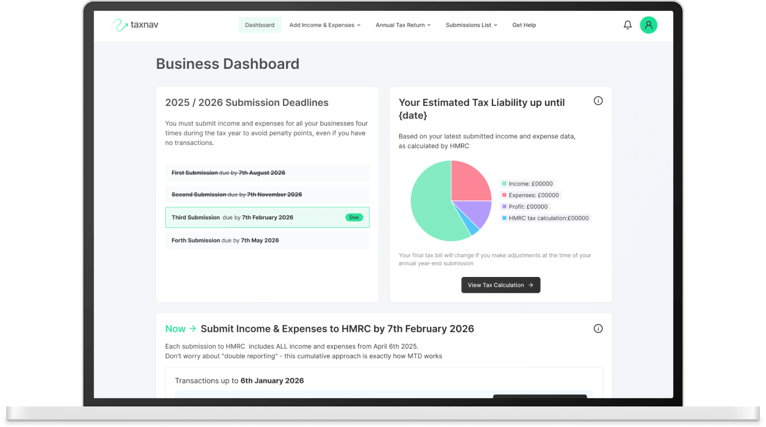 Screenshot of the TaxNav app dashboard explaining how TaxNav simplifies tax refunds, with a colourful pie chart representing categories