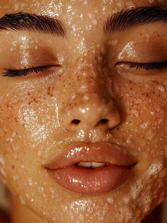 Close-up of a face with eyes closed and moist skin covered in foam or skincare product.