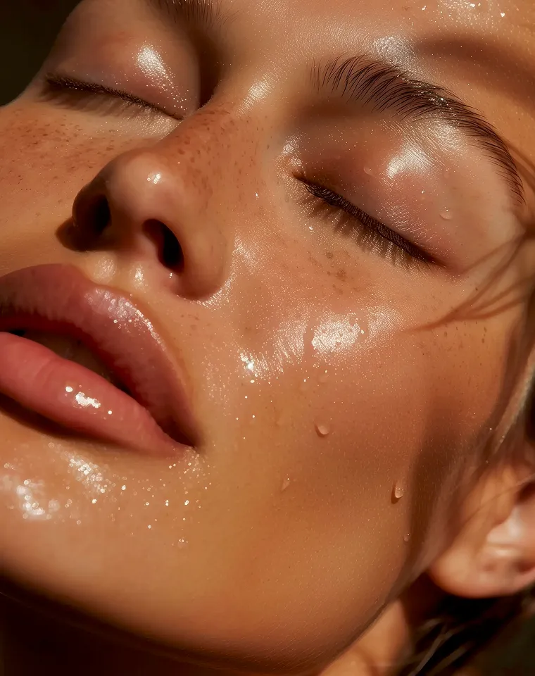 Close-up of a person's face with closed eyes, dewy skin, and scattered freckles under warm sunlight.