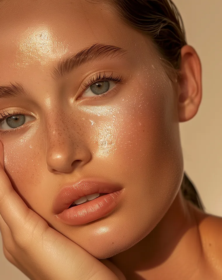 Close-up of a woman's face with glowing skin, light freckles, glossy lips, and light brown eyebrows resting on her hand.