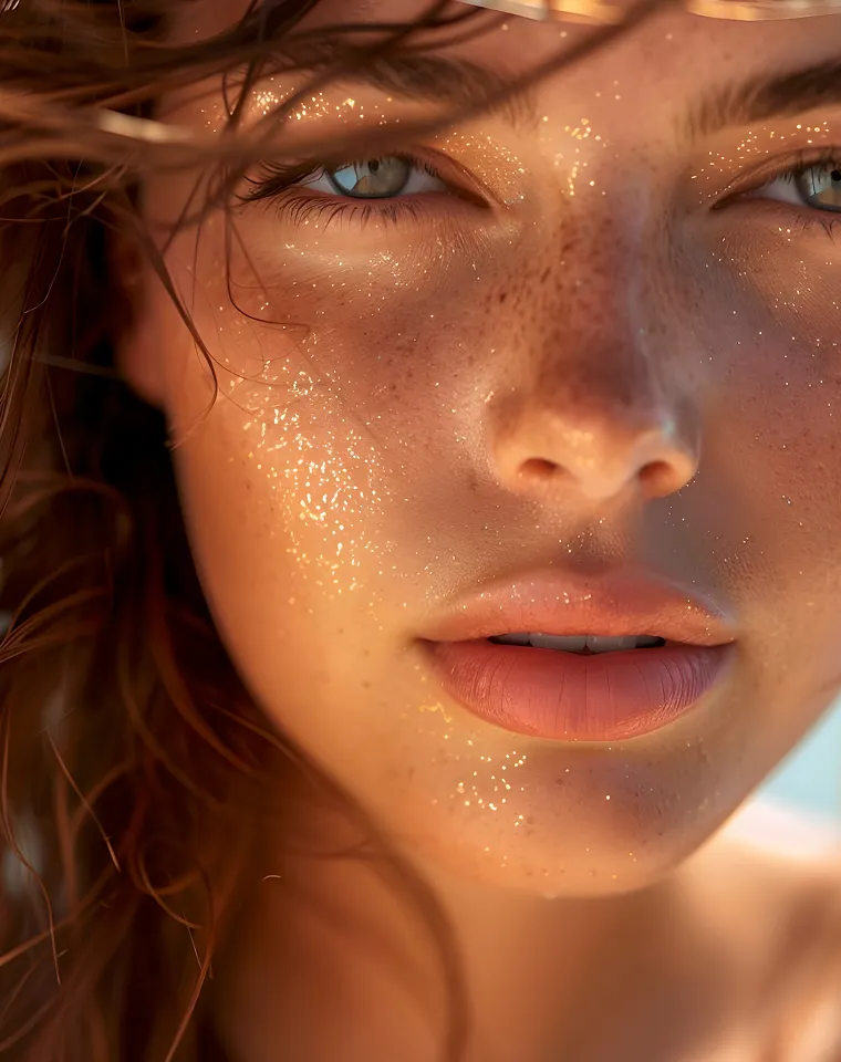 Close-up of a woman’s face with green eyes, freckles, and golden sparkles on her skin.