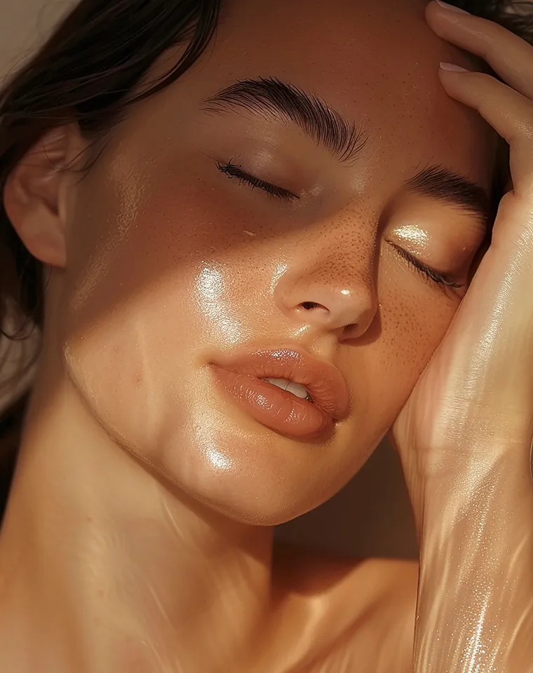 Close-up of a woman with glowing skin, closed eyes, and hand gently resting on her head.