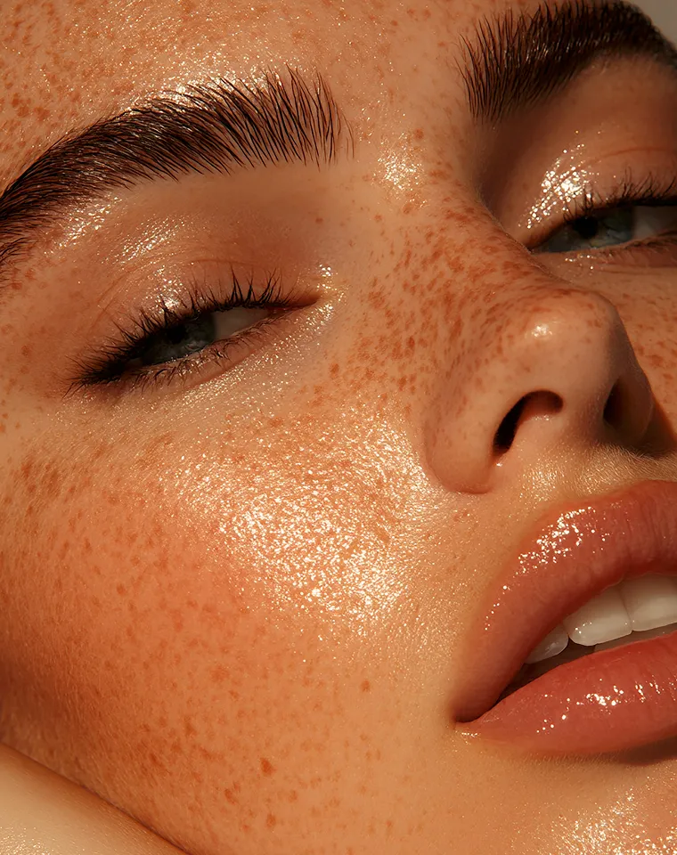 Close-up of a face with glowing skin, prominent freckles, thick eyebrows, and glossy lips.