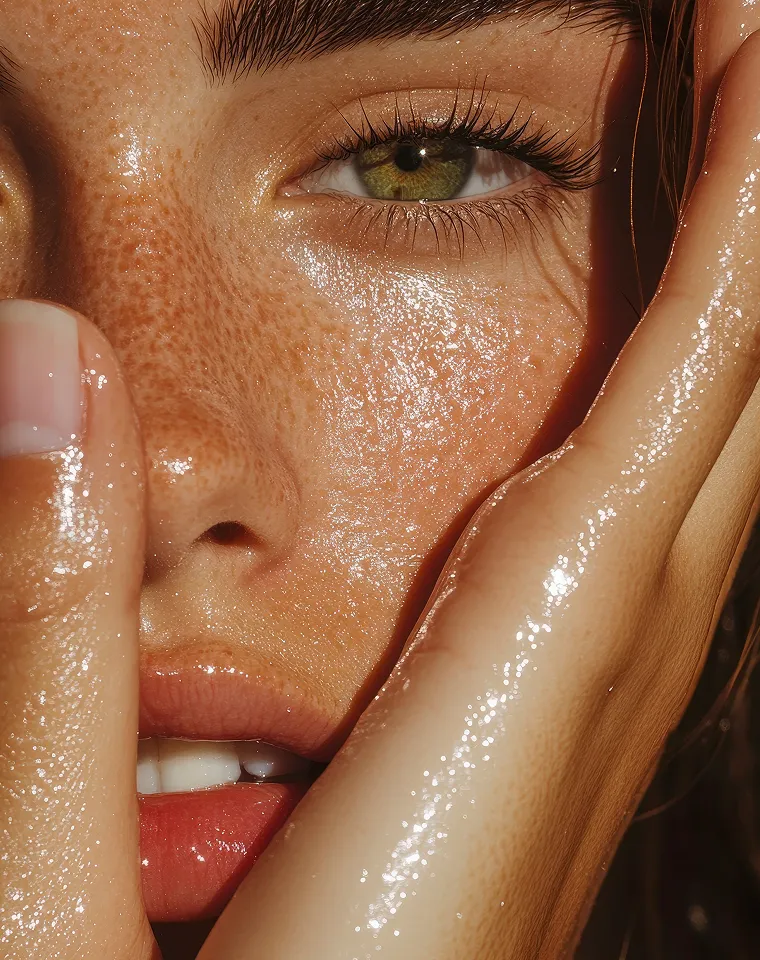 Close-up of a freckled face with green eye, long lashes, and glossy skin with fingers touching the cheeks.