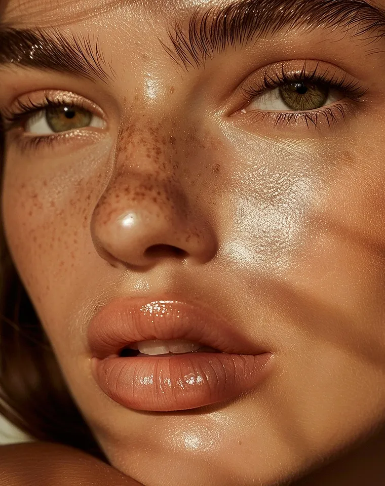 Close-up of a person's face with green eyes, glossy lips, freckles, and smooth glowing skin.