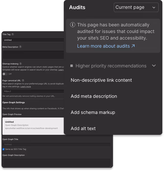 SEO audit interface showing higher priority recommendations including non-descriptive link content, adding meta description, schema markup, and alt text.