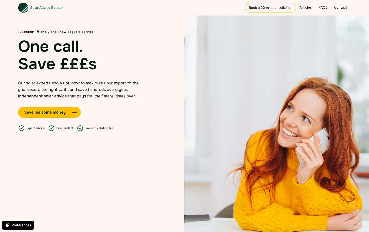 Smiling woman in a yellow sweater talking on a smartphone, with a solar advice service promotion on the left.