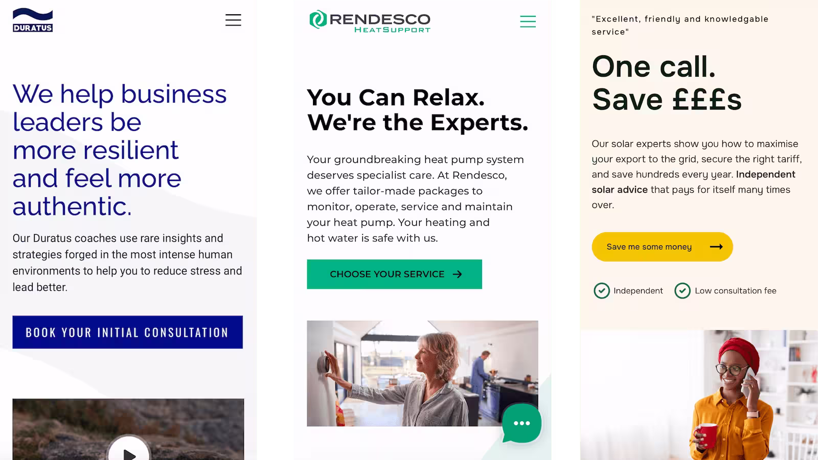Three vertical webpage sections: left with Duratus coaching offer and 'Book Your Initial Consultation' button, center with Rendesco heat pump services and image of woman adjusting thermostat, right with solar expert savings offer and image of smiling woman in red headscarf holding a cup and talking on phone.