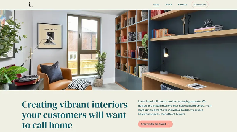 Modern living room with leather armchair, patterned ottoman, tall window, bookshelf, desk, and decorative plants.