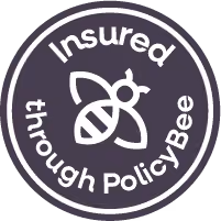 Circular badge with a bee icon and text 'Insured through PolicyBee' in white on a purple background.