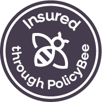 Circular badge with a bee icon and text 'Insured through PolicyBee' in white on a purple background.