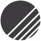 Circle logo with three diagonal stripes in the lower right quadrant.