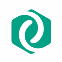 Abstract green swirl logo inside a hexagon shape.