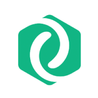 Abstract green swirl logo inside a hexagon shape.