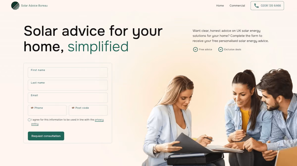 Website form for solar advice with couple consulting a female advisor holding documents.